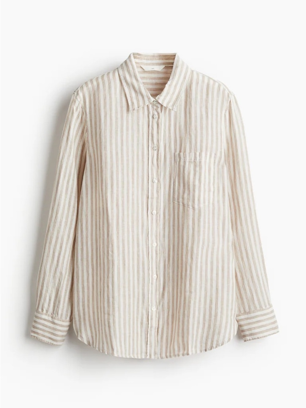 H&M button down shirt long sleeve beige striped cotton top tunic neutral collar
